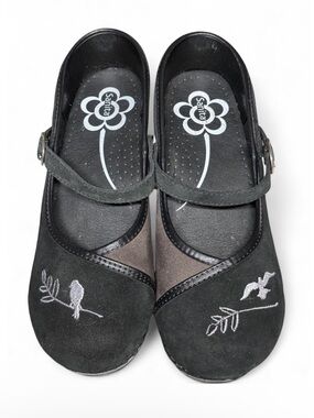 Sanita Danish Clogs Black Brown Suede Patchwork Embroidered Bird Mary Jane Sz 39